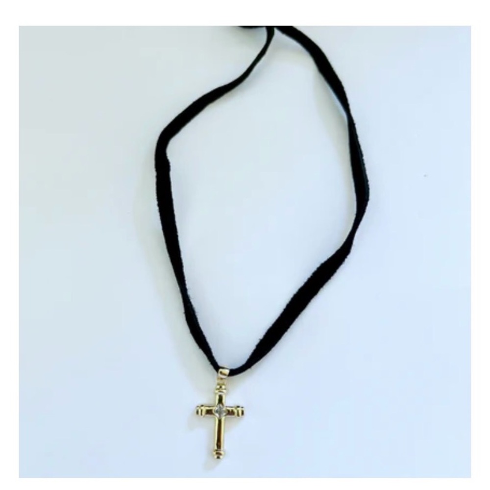 Vanessa Mooney Gold Cross Pendant on Black leather cord Choker